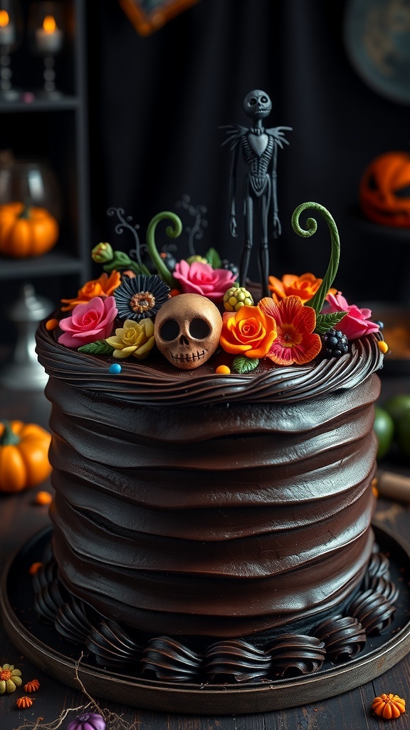 A dark chocolate cake decorated with Halloween-themed decorations, inspired by Sally from 
